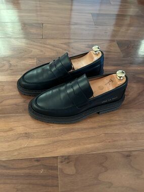 Common Projects Black Leather Penny Loafers with Chunky Sole